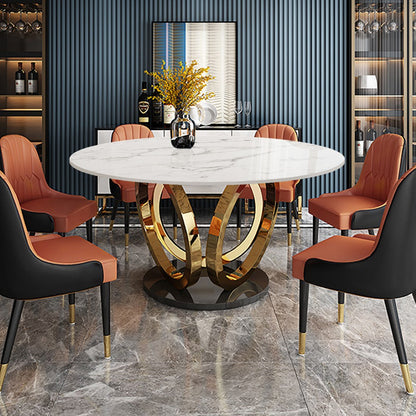 Modern Round White Marble Dining Table with Golden Base & Dual-Tone Upholstered Chairs – 6 Seater