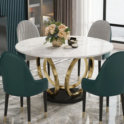 Modern Round White Marble Dining Table with Golden Base & Dual-Tone Upholstered Chairs – 6 Seater