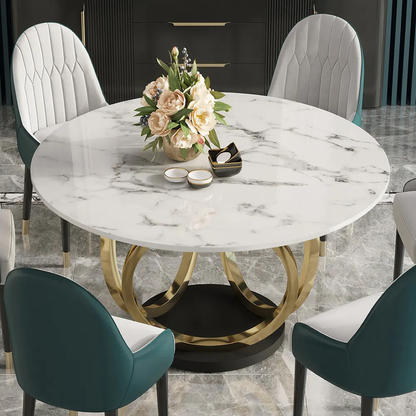 Modern Round White Marble Dining Table with Golden Base & Dual-Tone Upholstered Chairs – 6 Seater