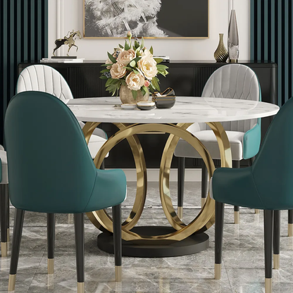Modern Round White Marble Dining Table with Golden Base & Dual-Tone Upholstered Chairs – 6 Seater
