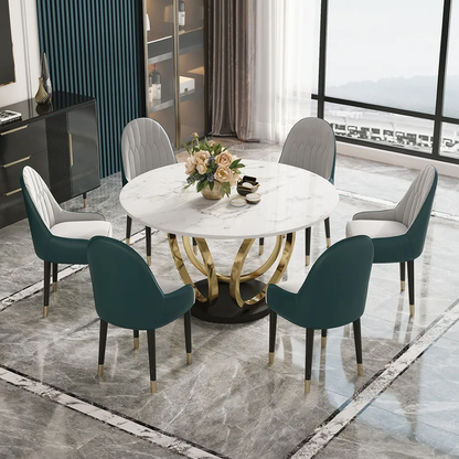 Modern Round White Marble Dining Table with Golden Base & Dual-Tone Upholstered Chairs – 6 Seater