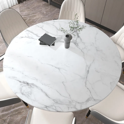 Modern Round White Marble Dining Table with Golden Base & Dual-Tone Upholstered Chairs – 6 Seater