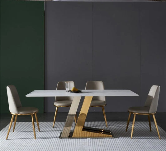 Modern White Marble Dining Table with Golden V-Shaped Base & Beige Chairs