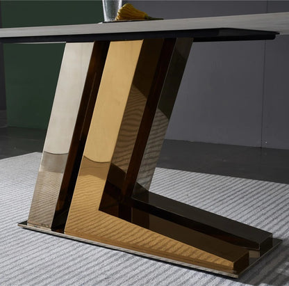 Modern White Marble Dining Table with Golden V-Shaped Base & Beige Chairs