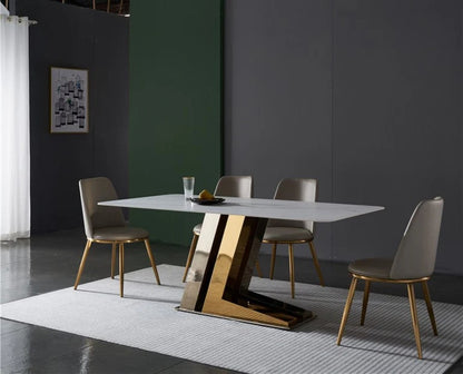 Modern White Marble Dining Table with Golden V-Shaped Base & Beige Chairs