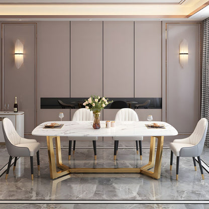Modern White Marble Dining Table Set with Golden Base & Shell-Back Chairs – 6 Seater