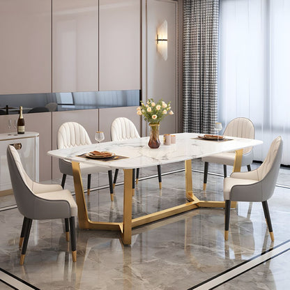 Modern White Marble Dining Table Set with Golden Base & Shell-Back Chairs – 6 Seater