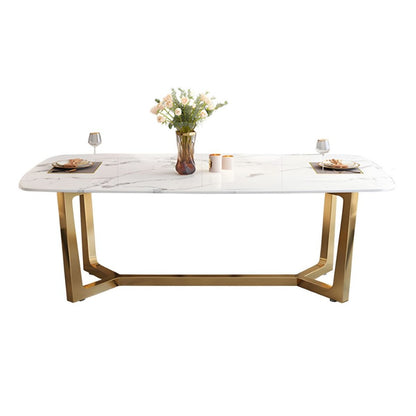 Modern White Marble Dining Table Set with Golden Base & Shell-Back Chairs – 6 Seater