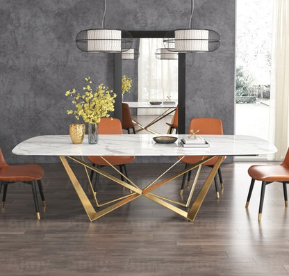 Modern White Marble Dining Table with Golden Geometric Base & Black Chairs –
