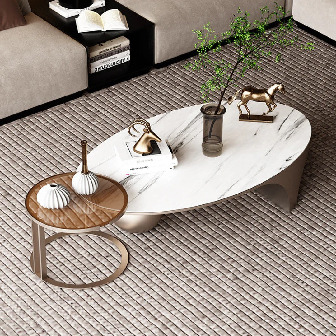 Modern Oval Marble Coffee Table Set with Metallic Sphere Base & Wooden Side Table