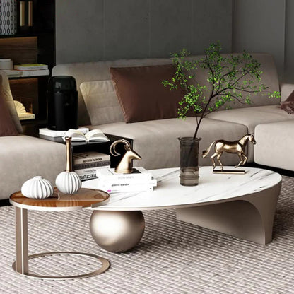 Modern Oval Marble Coffee Table Set with Metallic Sphere Base & Wooden Side Table