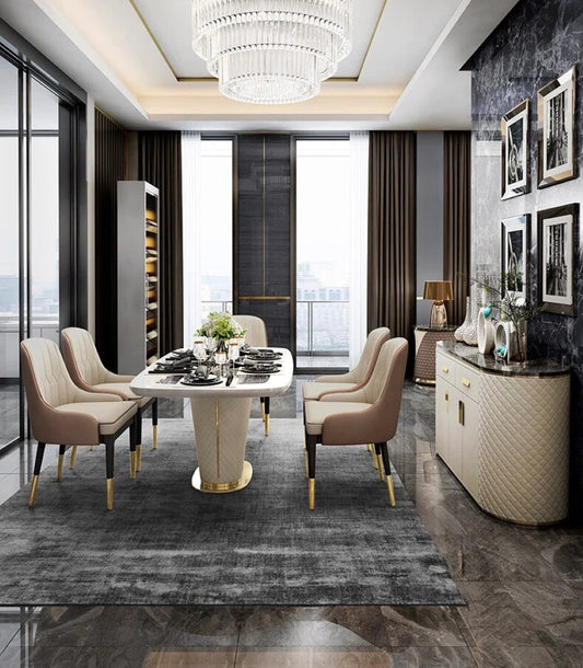 Oval White Marble Dining Table with Quilted Base & Upholstered Chairs (6-Seater)