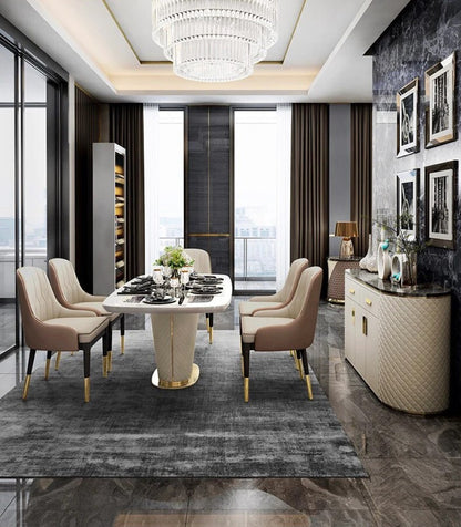 Oval White Marble Dining Table with Quilted Base & Upholstered Chairs (6-Seater)