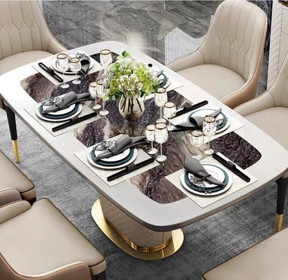 Oval White Marble Dining Table with Quilted Base & Upholstered Chairs (6-Seater)