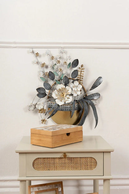Posy Floral Vase Metal Wall Art – Grey, White & Gold Finish