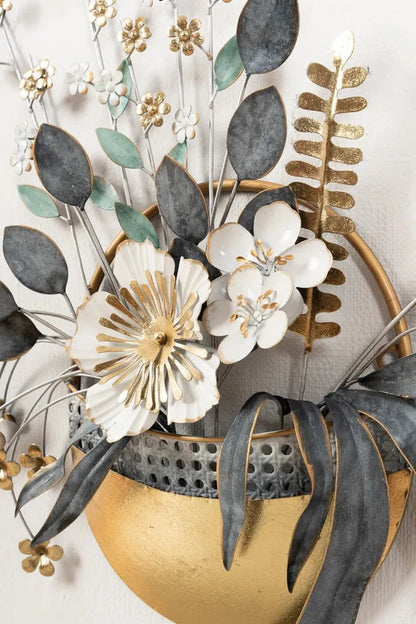 Posy Floral Vase Metal Wall Art – Grey, White & Gold Finish