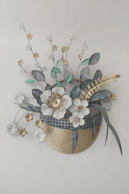 Posy Floral Vase Metal Wall Art – Grey, White & Gold Finish