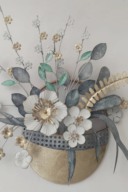 Posy Floral Vase Metal Wall Art – Grey, White & Gold Finish
