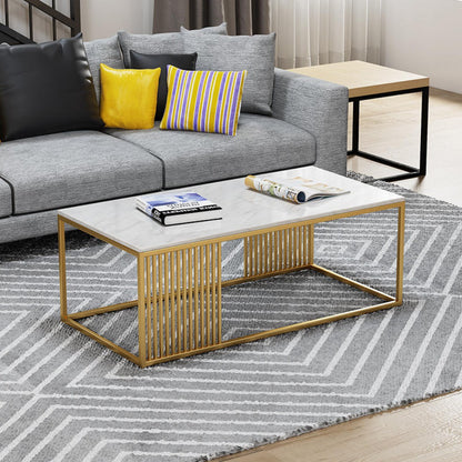 Modern Rectangular White Marble Coffee Table with Golden Stripe Base