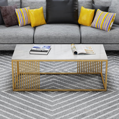Modern Rectangular White Marble Coffee Table with Golden Stripe Base