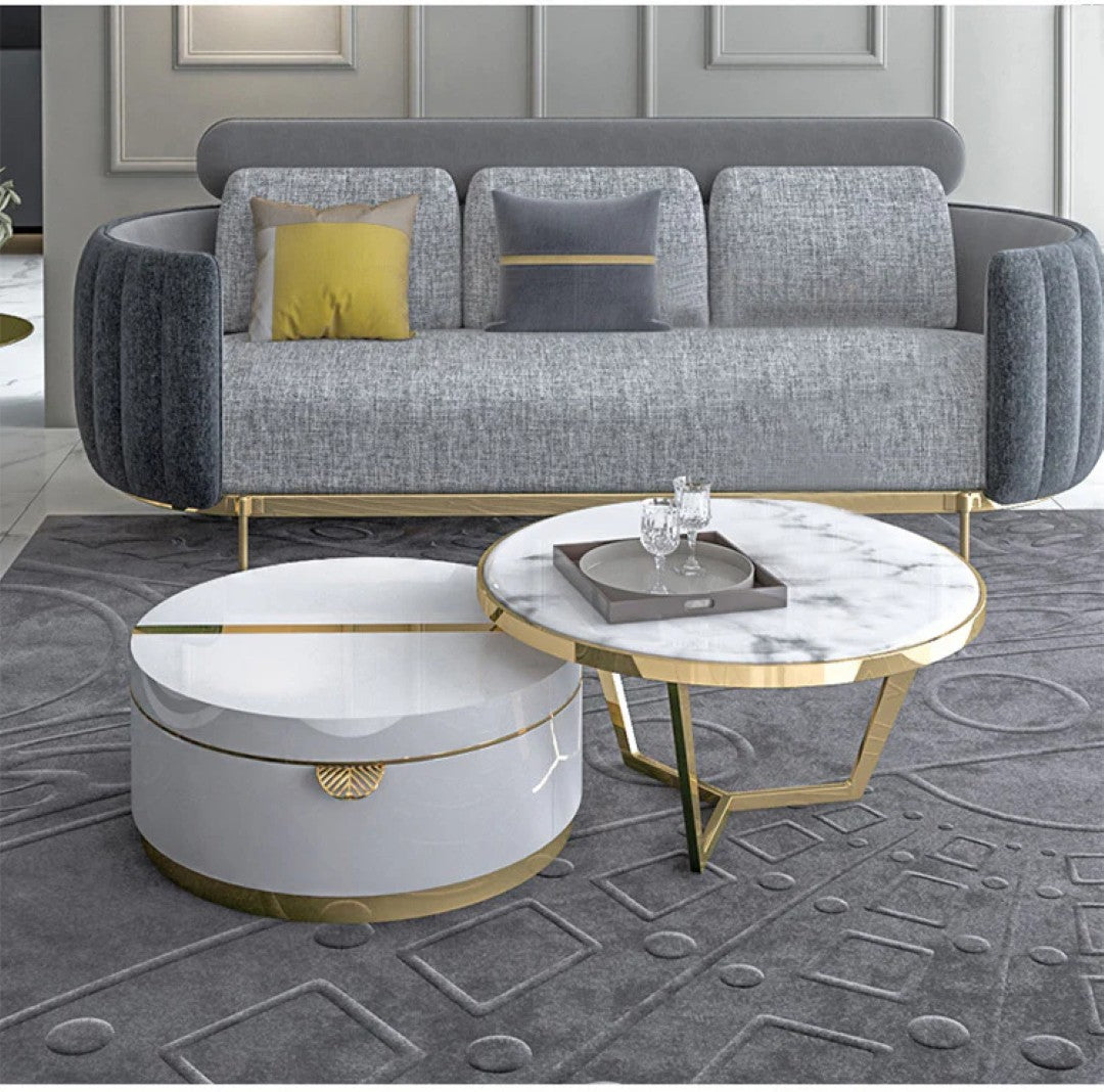 Luxury Round Marble Coffee Table Set with White Storage Base & Golden Accents