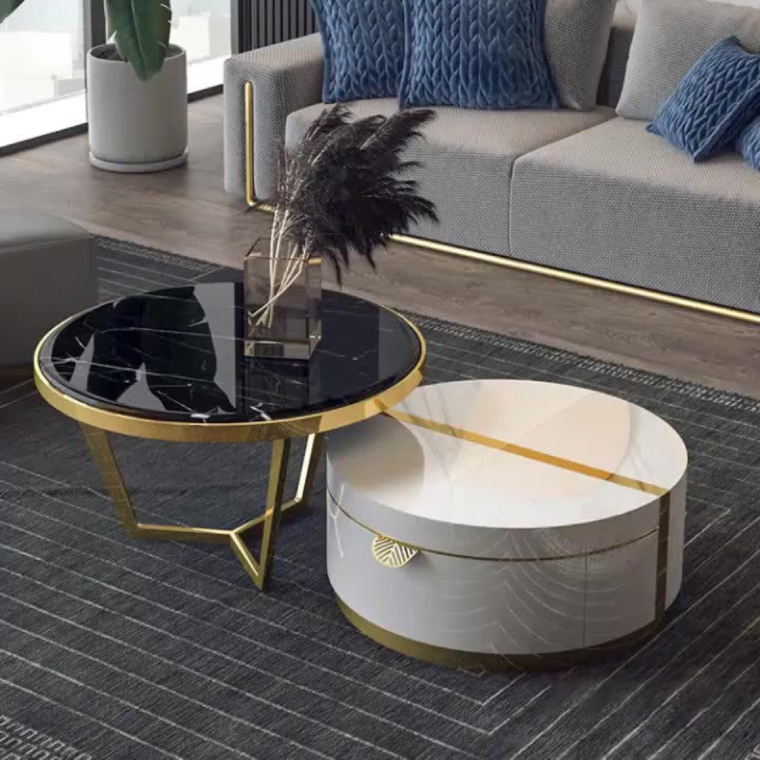 Luxury Round Marble Coffee Table Set with White Storage Base & Golden Accents