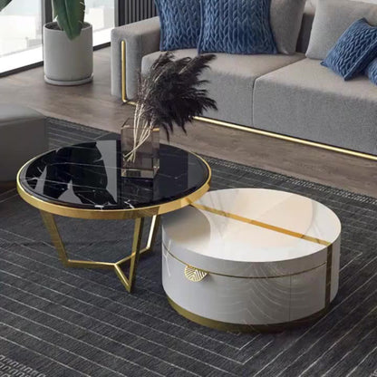 Luxury Round Marble Coffee Table Set with White Storage Base & Golden Accents