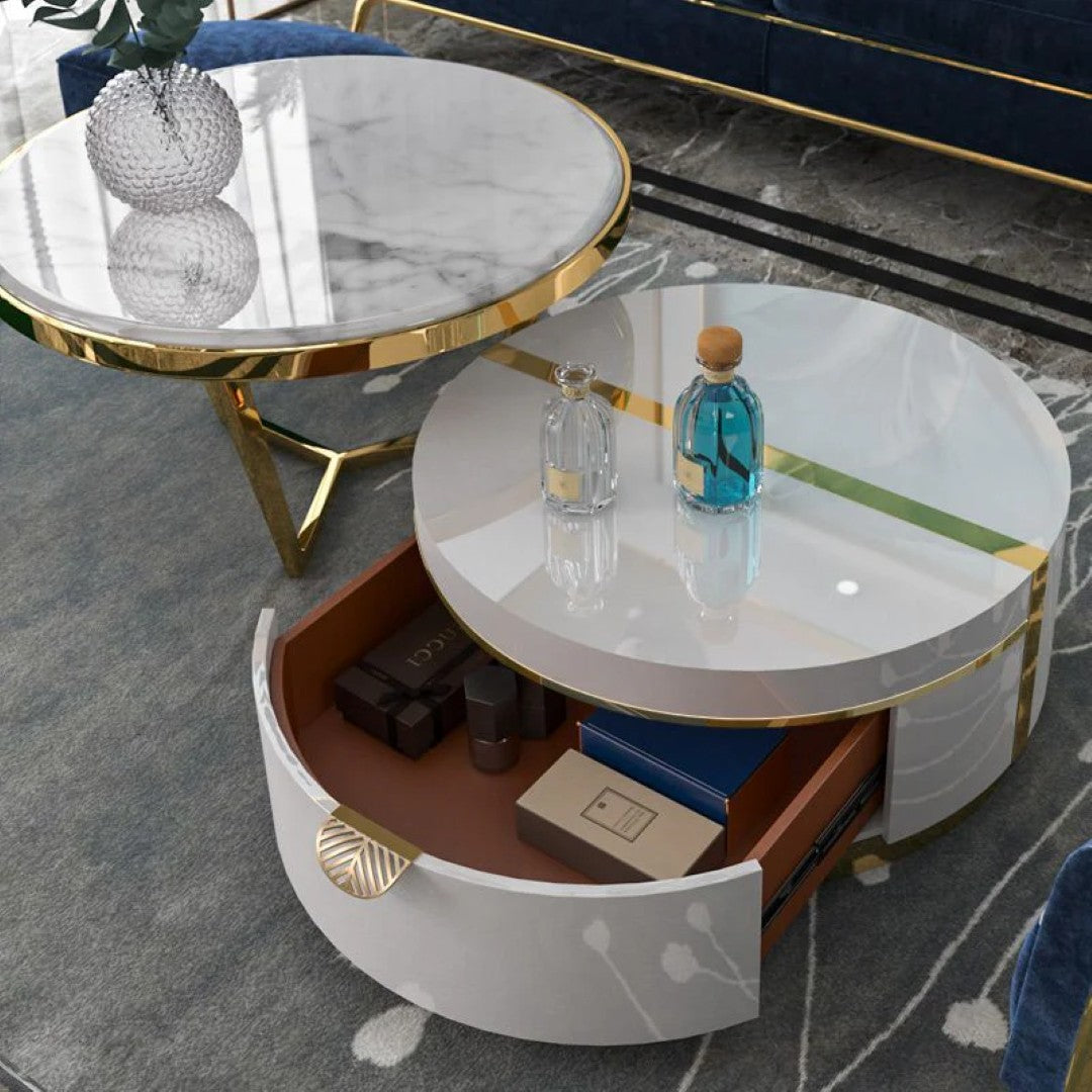 Luxury Round Marble Coffee Table Set with White Storage Base & Golden Accents