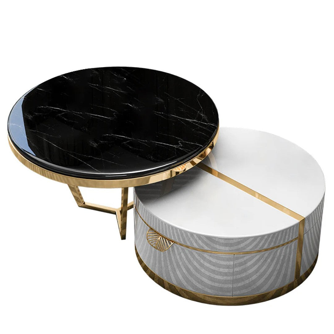 Luxury Round Marble Coffee Table Set with White Storage Base & Golden Accents