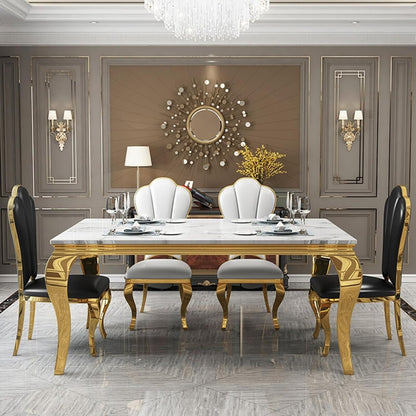 Royal White Marble Dining Table with Golden Legs & Black High-Back Chairs (6-Seater)