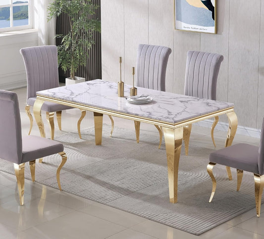Royal White Marble Dining Table with Golden Legs & Black High-Back Chairs (6-Seater)