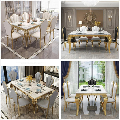 Royal White Marble Dining Table with Golden Legs & Black High-Back Chairs (6-Seater)
