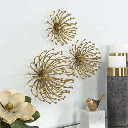 3D Abstract Burst Metal Wall Art – Golden Wall Sculpture (Set of 3)