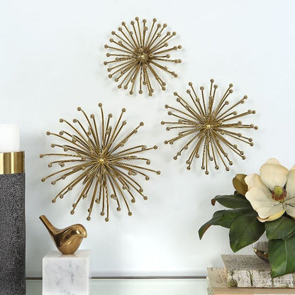 3D Abstract Burst Metal Wall Art – Golden Wall Sculpture (Set of 3)