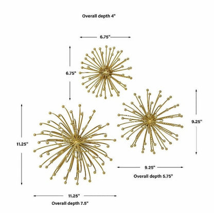 3D Abstract Burst Metal Wall Art – Golden Wall Sculpture (Set of 3)