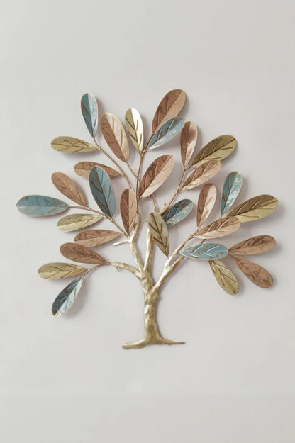 Elegant Tree Metal Wall Art – Gold, Copper & Blue Leaf Design