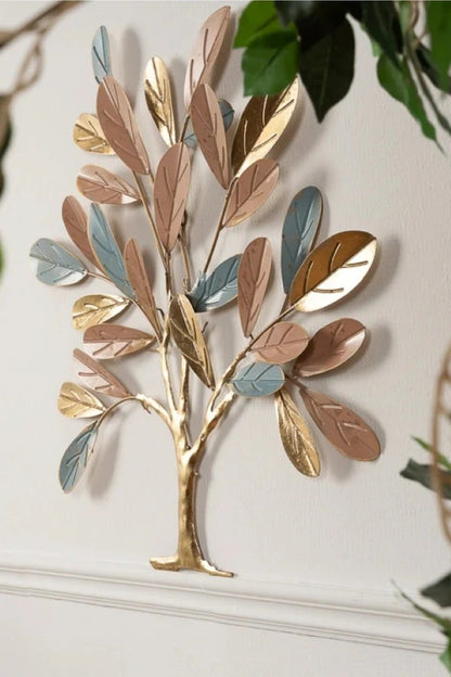 Elegant Tree Metal Wall Art – Gold, Copper & Blue Leaf Design