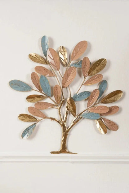 Elegant Tree Metal Wall Art – Gold, Copper & Blue Leaf Design