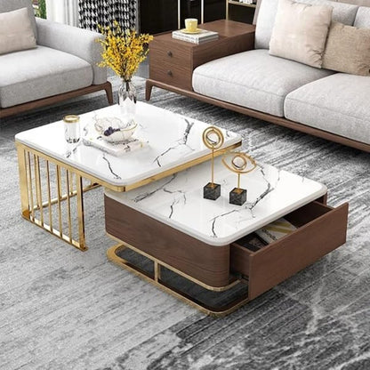 Luxury White Marble Coffee Table Set with Wooden Base, Golden Frame & Storage Drawer