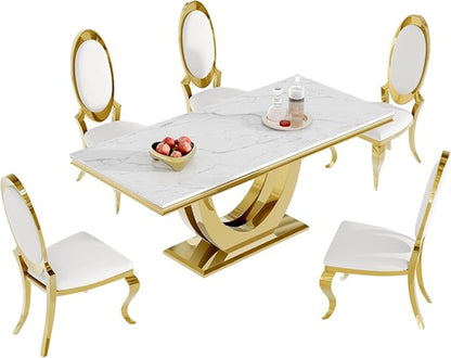 White Marble Dining Table with Gold Base & White High-Back Chairs (6-Seater)