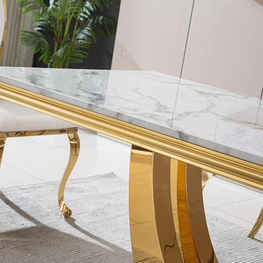 White Marble Dining Table with Gold Base & White High-Back Chairs (6-Seater)