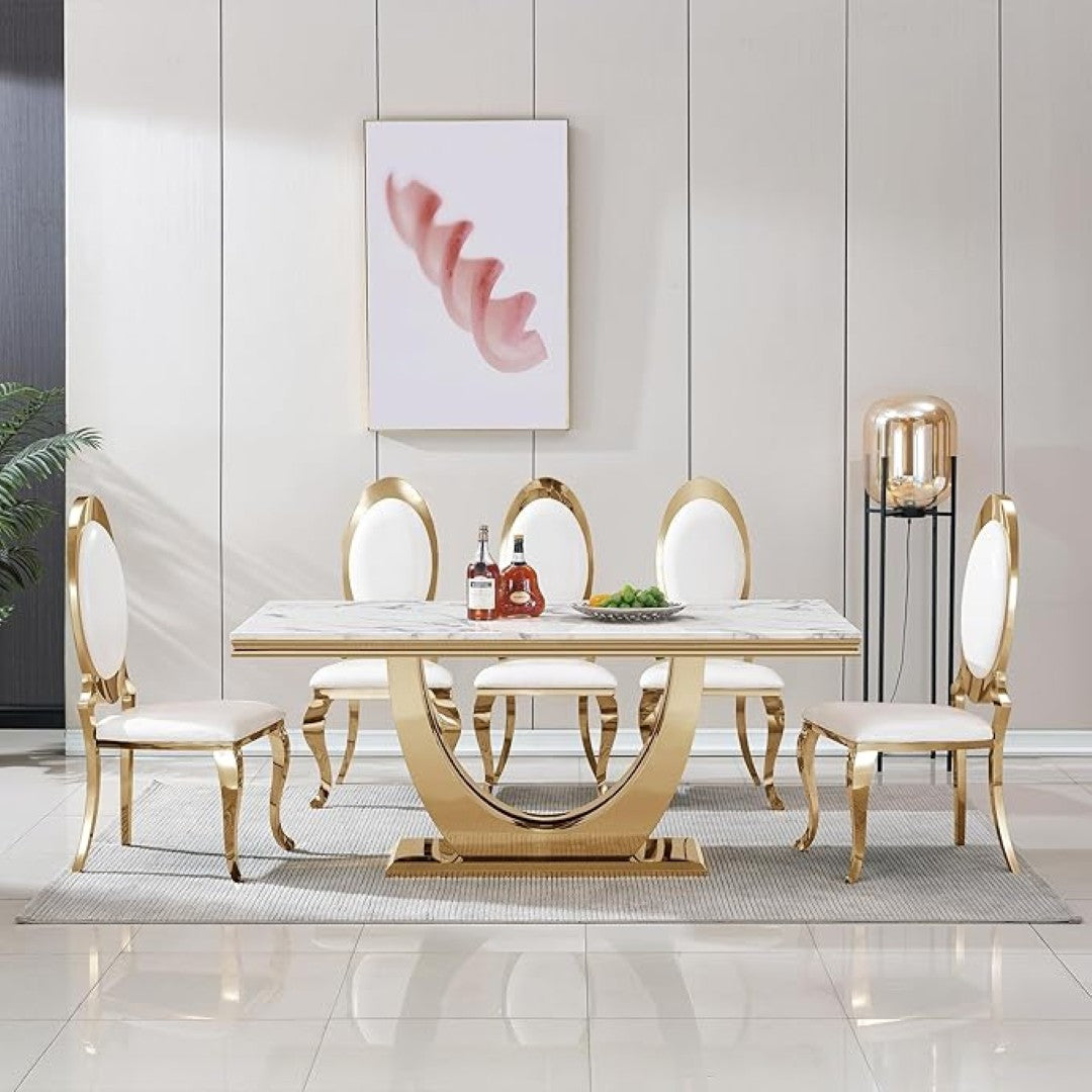 White Marble Dining Table with Gold Base & White High-Back Chairs (6-Seater)