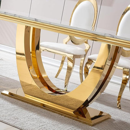 White Marble Dining Table with Gold Base & White High-Back Chairs (6-Seater)