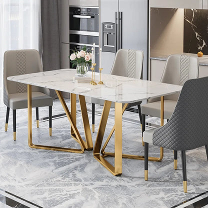 Modern White Marble Dining Table with Golden V-Base & Grey Quilted Chairs