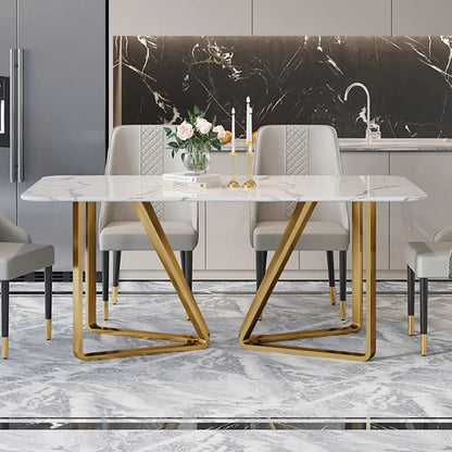 Modern White Marble Dining Table with Golden V-Base & Grey Quilted Chairs