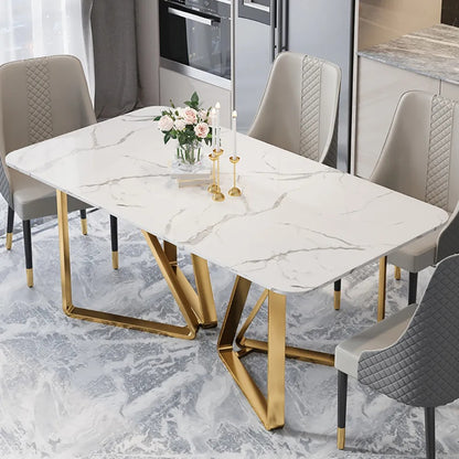 Modern White Marble Dining Table with Golden V-Base & Grey Quilted Chairs