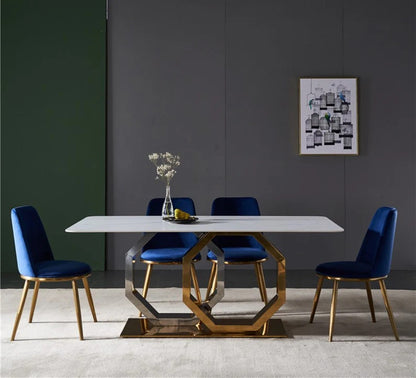 White Marble Dining Table with Gold Base & Blue Velvet Chairs (6-Seater)