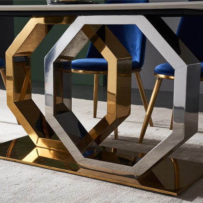 White Marble Dining Table with Gold Base & Blue Velvet Chairs (6-Seater)