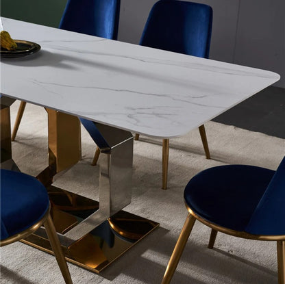 White Marble Dining Table with Gold Base & Blue Velvet Chairs (6-Seater)