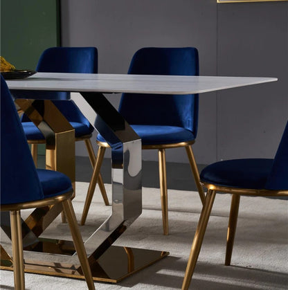 White Marble Dining Table with Gold Base & Blue Velvet Chairs (6-Seater)